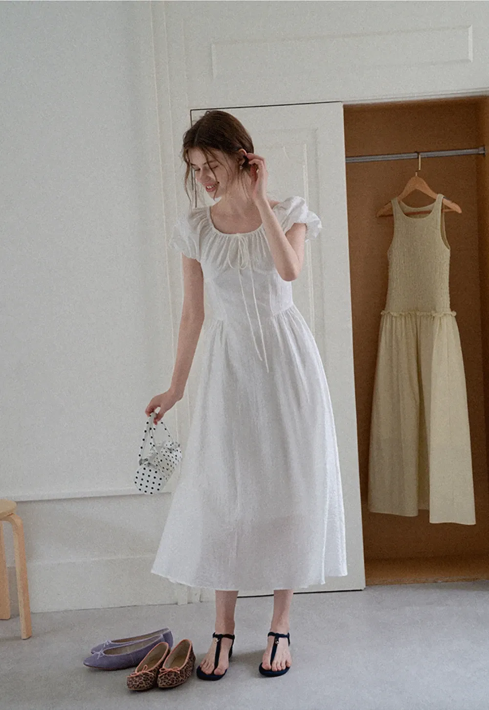 White Puff Sleeve Cottagecore Midi Dress
