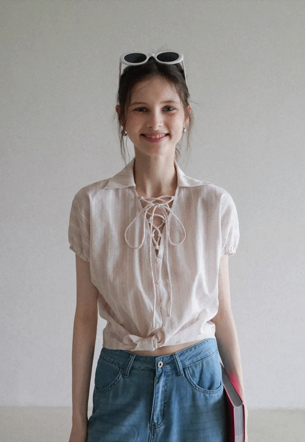 Striped Short Sleeve Blouse with Lace-Up Neck