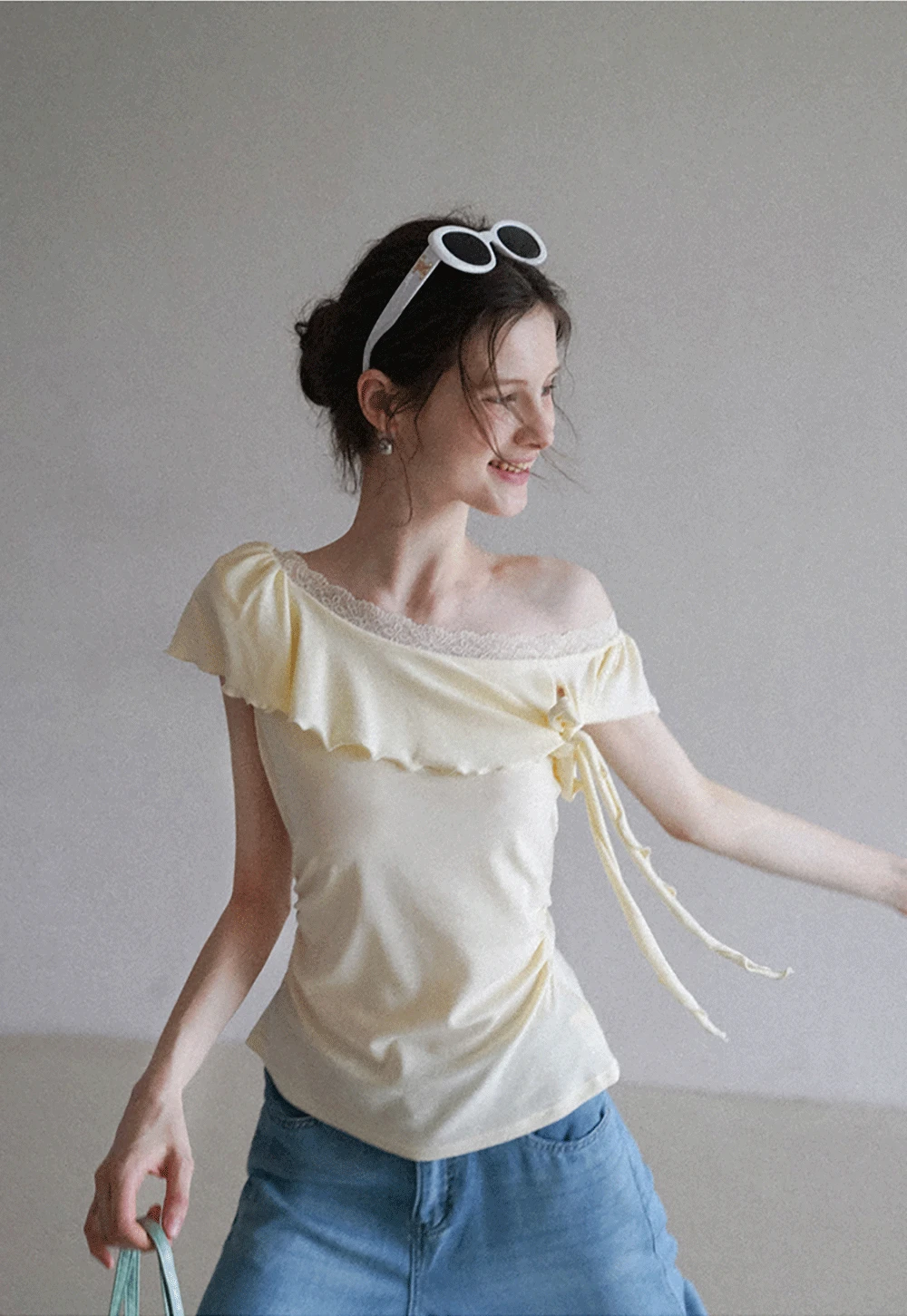 Chic Off Shoulder Ruffle Blouse with Lace Lining
