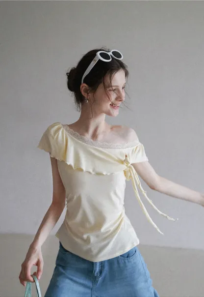 Chic Off Shoulder Ruffle Blouse with Lace Lining