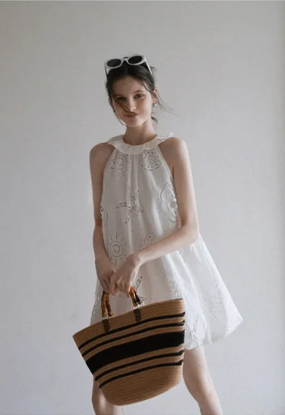 Women’s Sleeveless Eyelet Mini Dress with Ruffle Neck