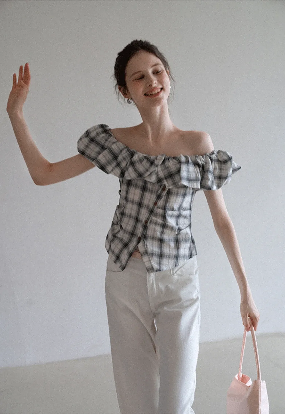 Off-Shoulder Plaid Ruffle Top
