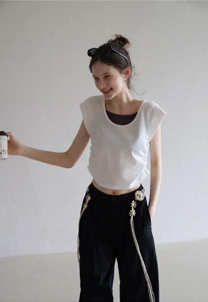 Women’s Mock Two-Piece Ruched Flutter Sleeve Top
