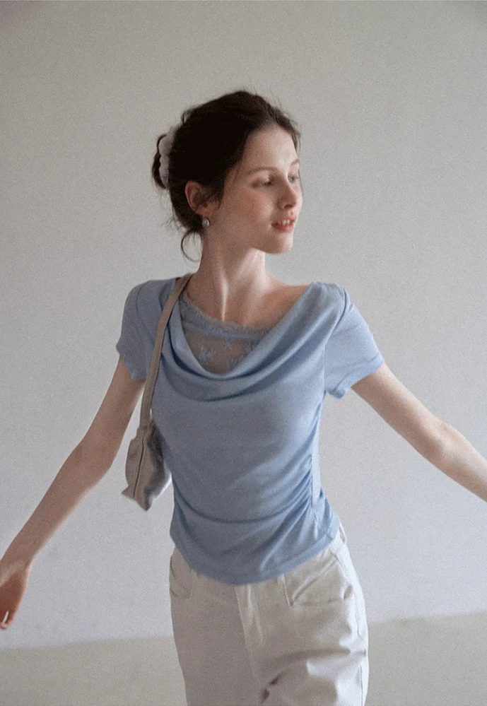 Women’s Cowl Neck Lace-Back Ruched Tee