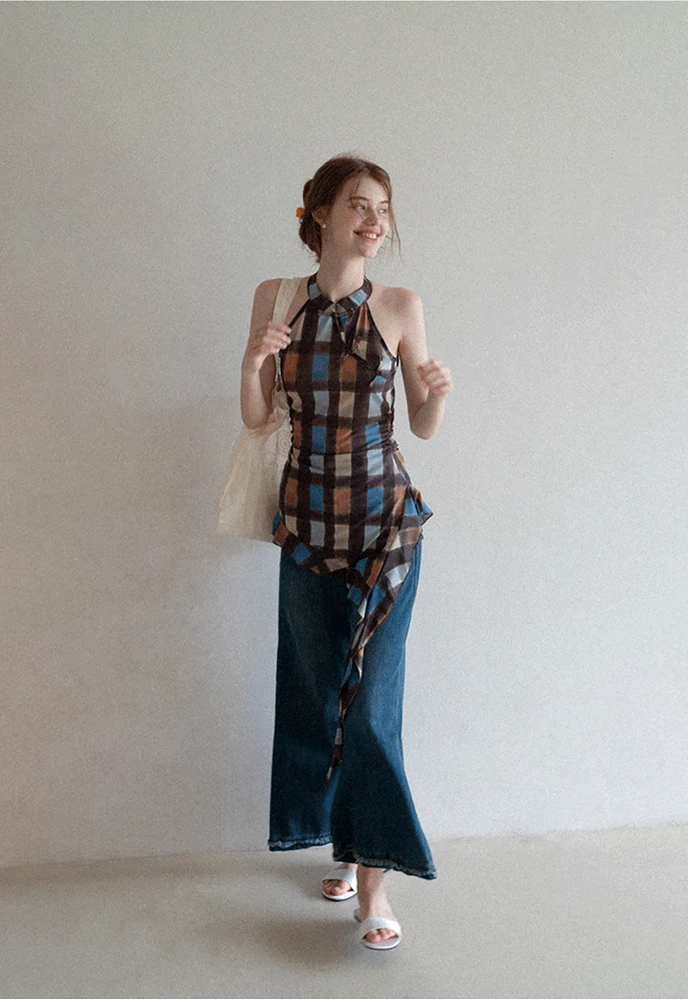 Women’s Plaid Frog-Button Handkerchief-Hem Halter Top