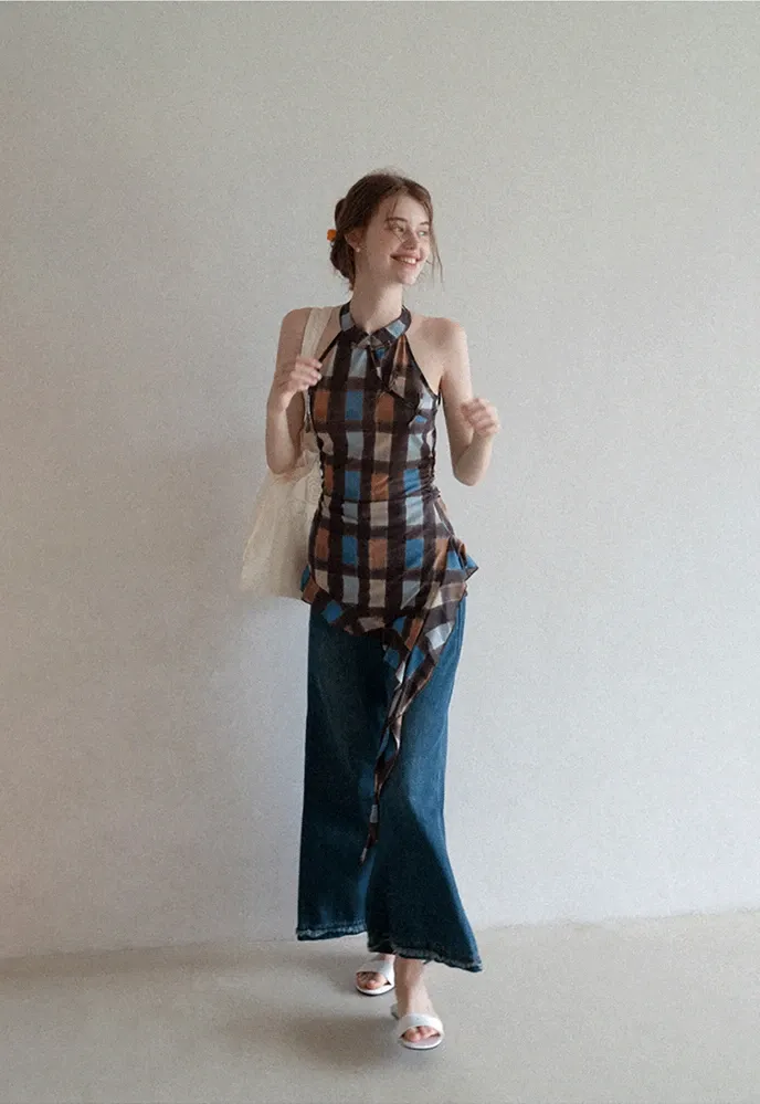 Women’s Plaid Frog-Button Handkerchief-Hem Halter Top