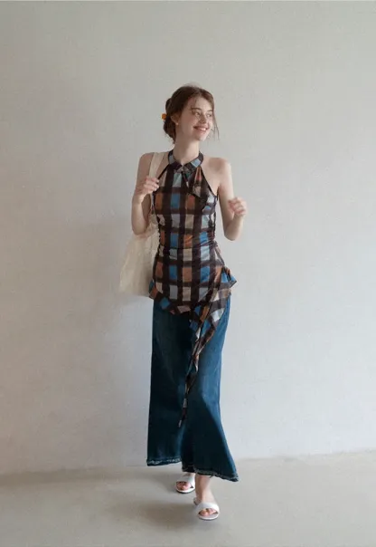 Women’s Plaid Frog-Button Handkerchief-Hem Halter Top