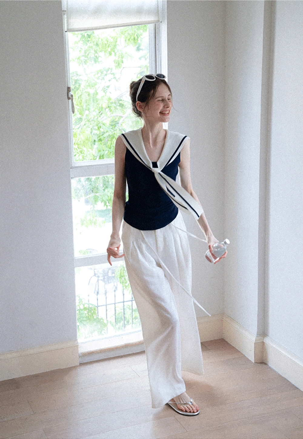 Off-Shoulder Fold-over Top + Pleated Tie-Waist Trousers