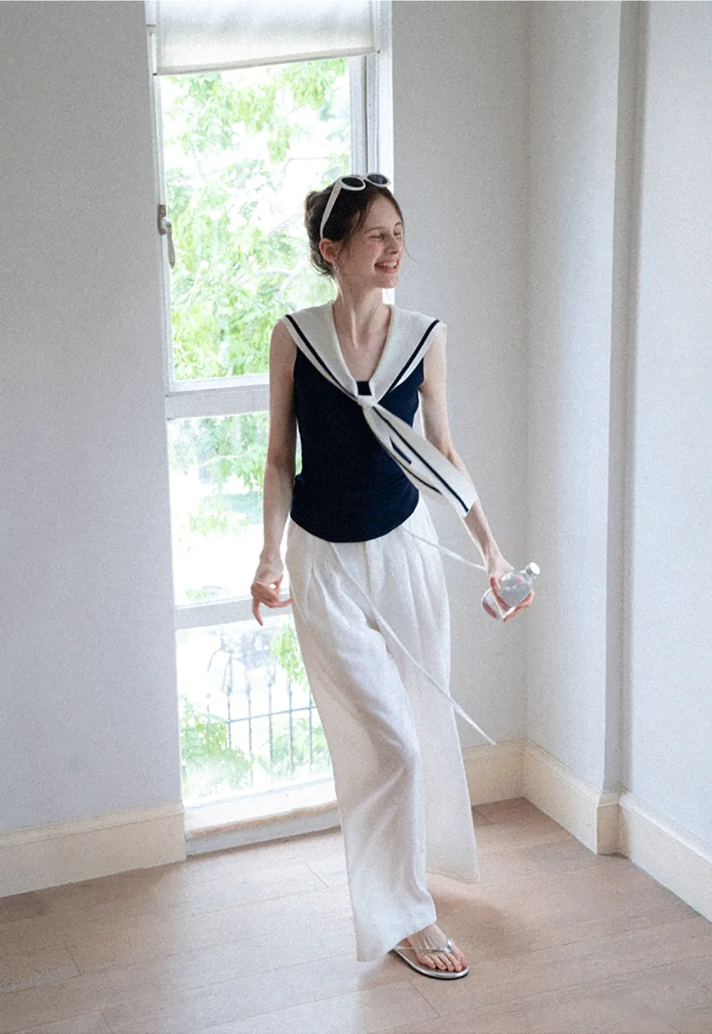 Off-Shoulder Fold-over Top + Pleated Tie-Waist Trousers
