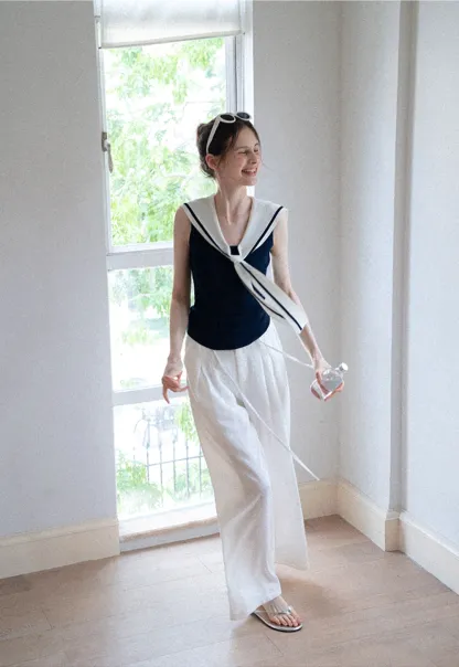 Off-Shoulder Fold-over Top + Pleated Tie-Waist Trousers