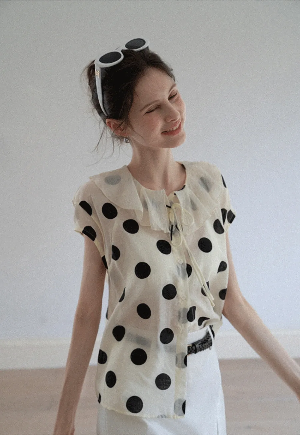 Ruffle-Neck Polka Blouse