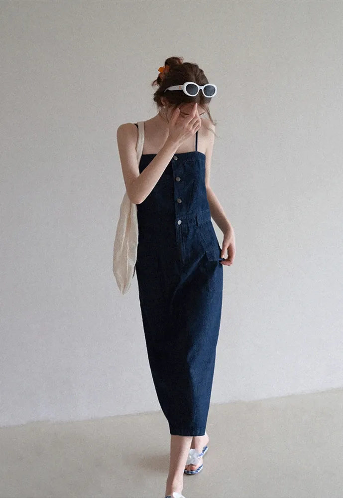 Button-Front Cargo Pocket Denim Dress