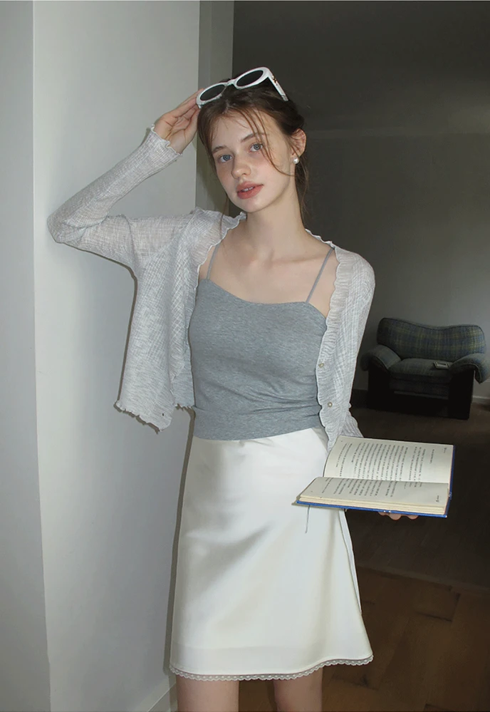 Women Ruffle Ribbed Knit Button Cardigan