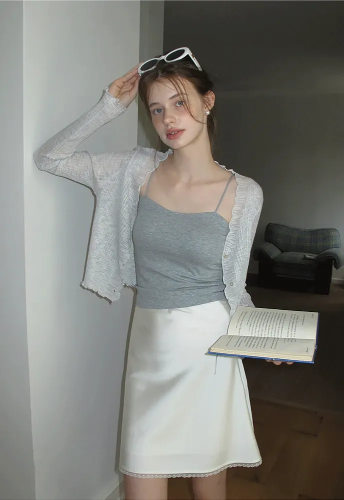 Women Ruffle Ribbed Knit Button Cardigan