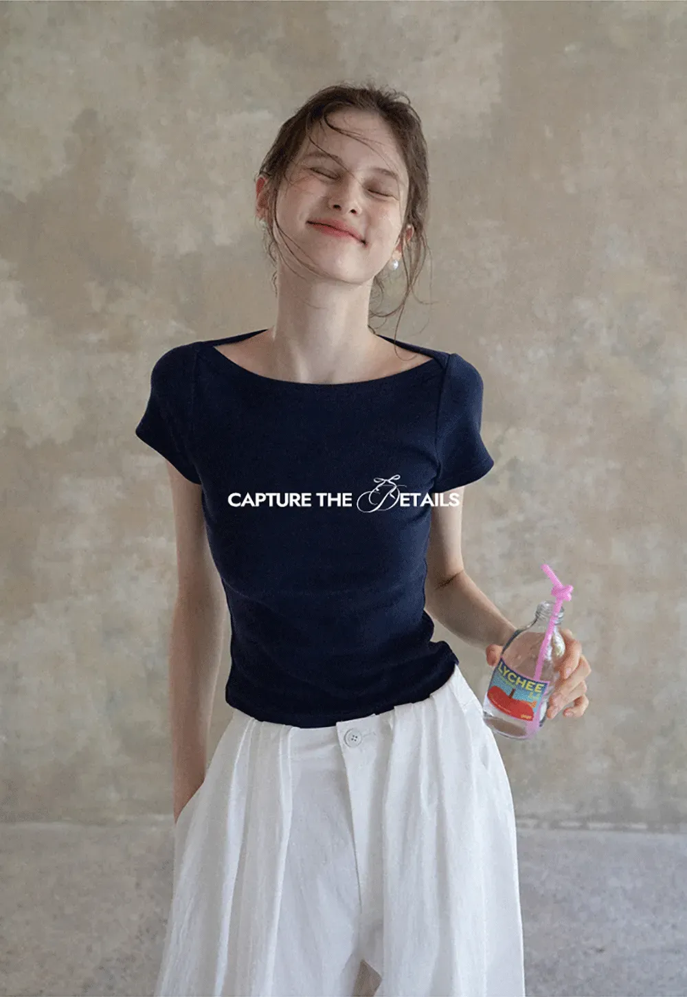 Women's Boat Neck Ribbed Tee with Embroidered Bow