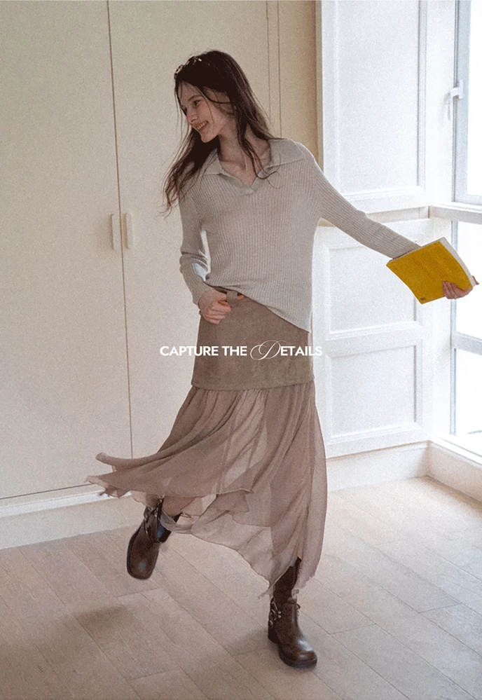 Ribbed Open-Collar Knit Top