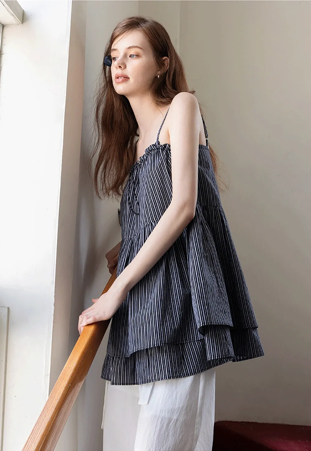 Striped Spaghetti Strap Ruffled Peplum Top