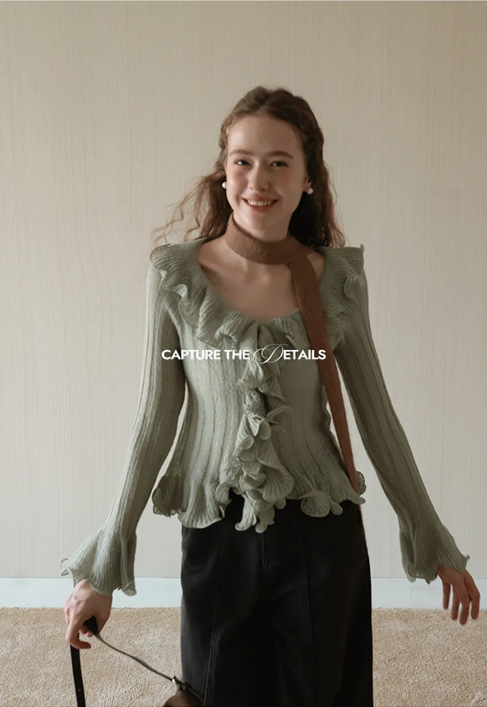 Womens Ruffle Hem Flared Sleeve Knit Top