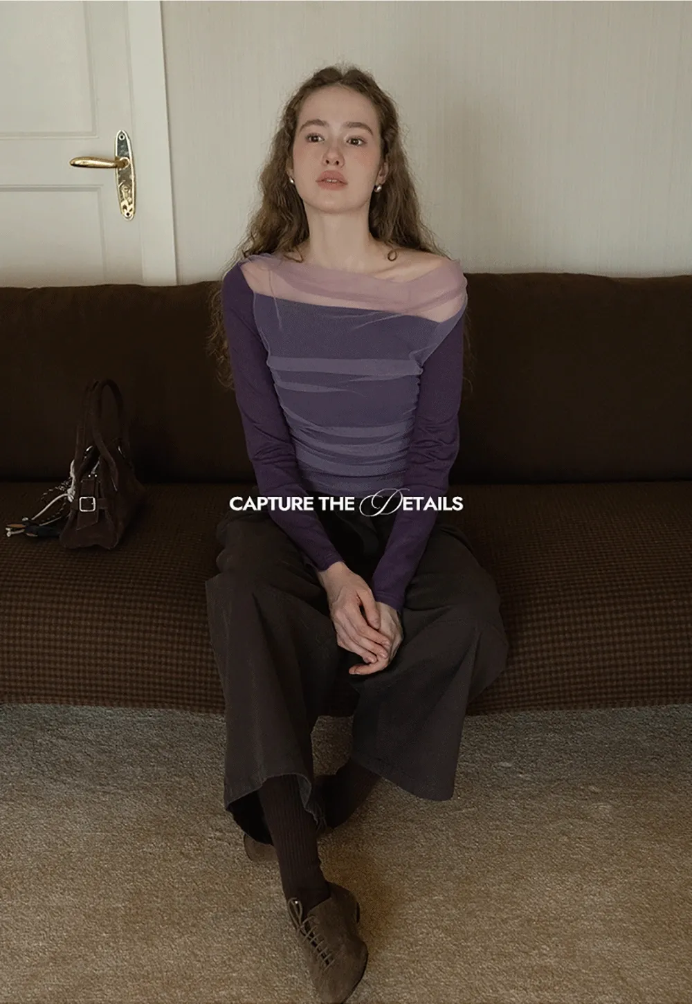 Women Mesh Patchwork Cowl Neck Top