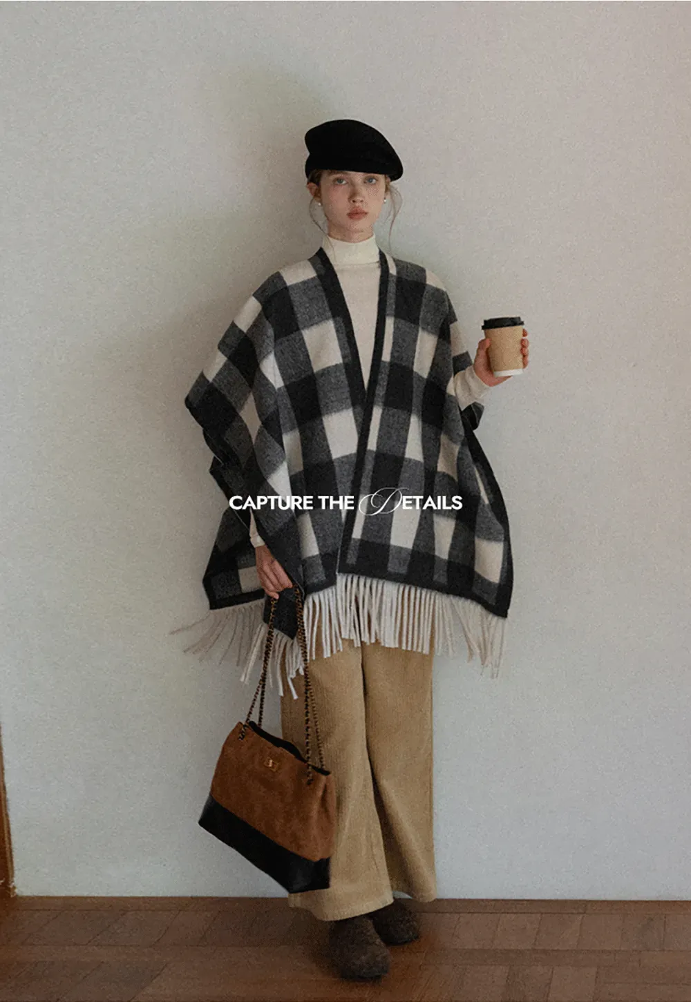 Checked Fringe Poncho