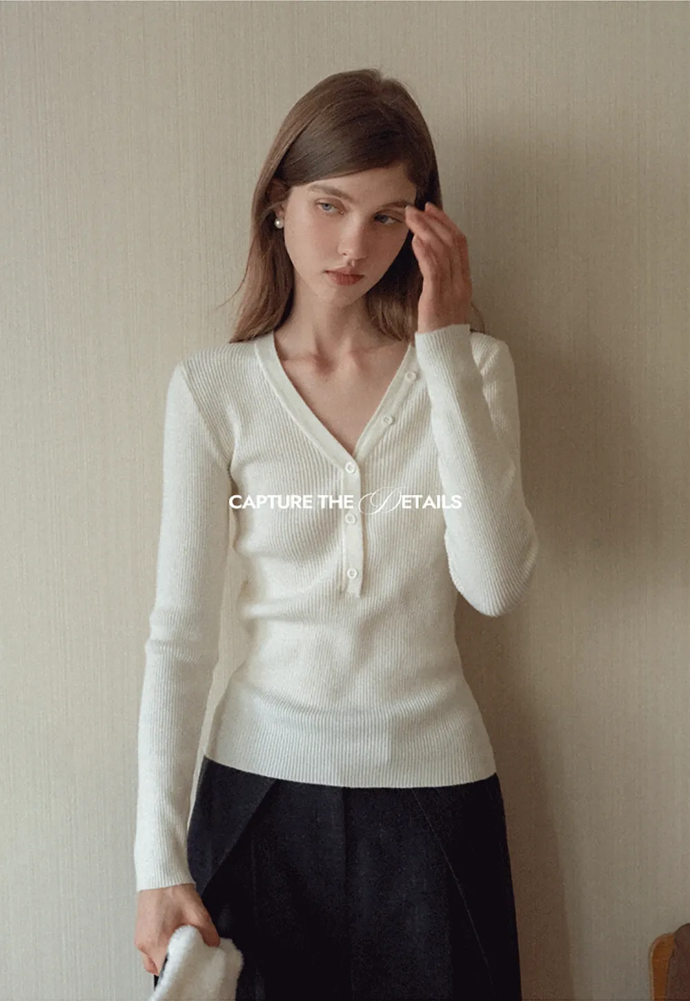 Womens Ribbed Long Sleeve V-Neck Button Top