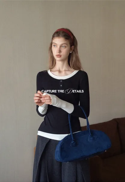 Womens Colorblock Long Sleeve Henley Top