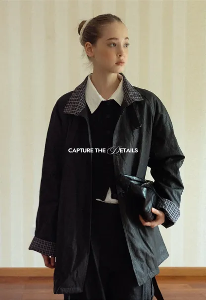 Stand Collar Mid-Length Coat with Plaid Splice and Belt