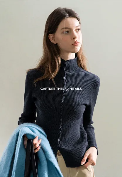 Stand-Collar Twist Button Knit Top