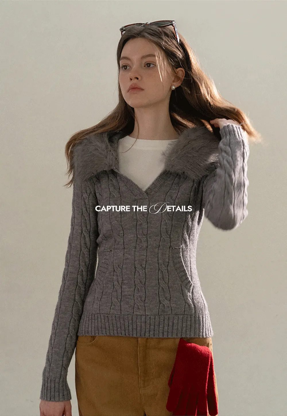 Faux Fur Collar Cable-Knit Sweater