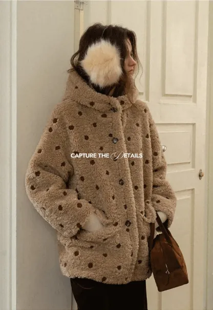 Polka Dot Teddy Fleece Hooded Coat