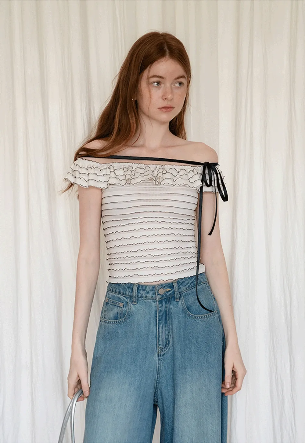Women’s Off Shoulder Ruffle Trim Knit Top