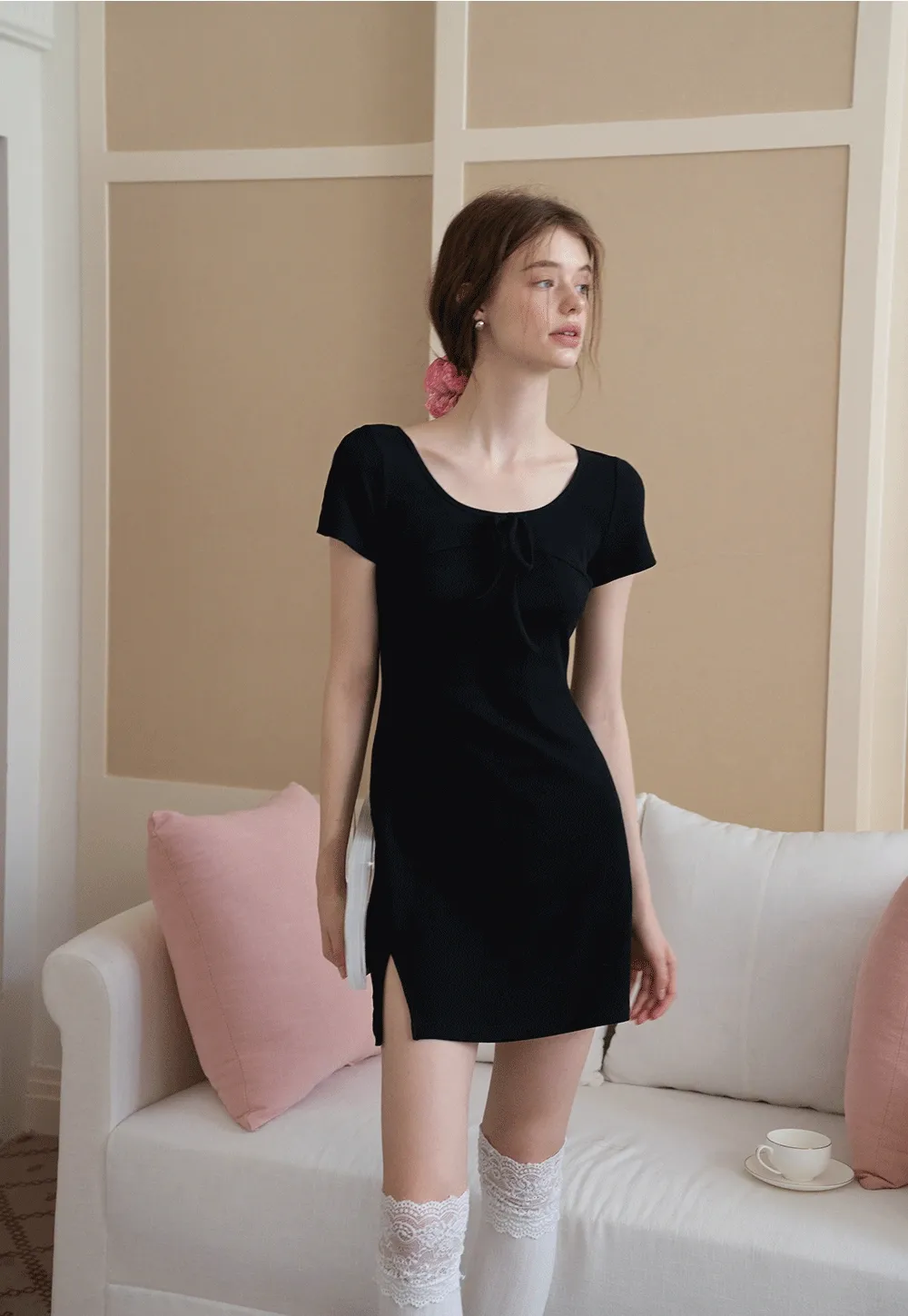 Bow Front Ruched Knit Mini Dress