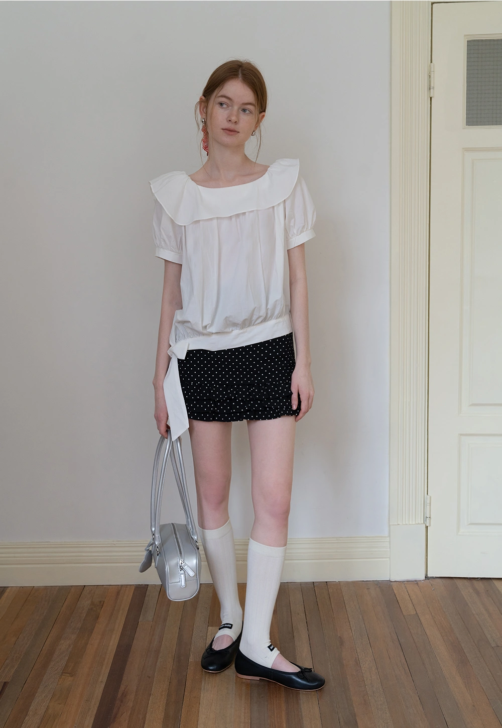 Off Shoulder Tie Front Blouse with Stylish Lapel