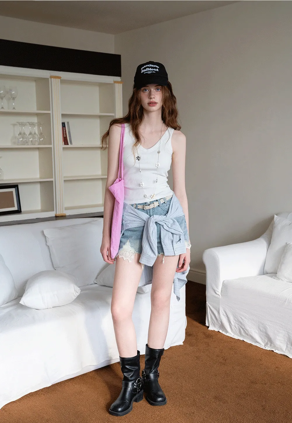 Women’s High‑Waist Ripped Lace Denim Shorts