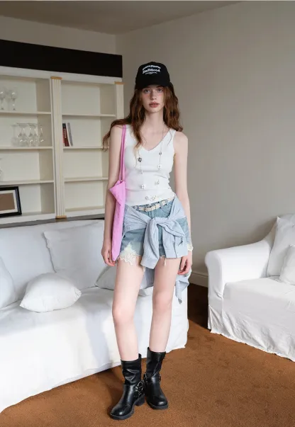 Women’s High‑Waist Ripped Lace Denim Shorts