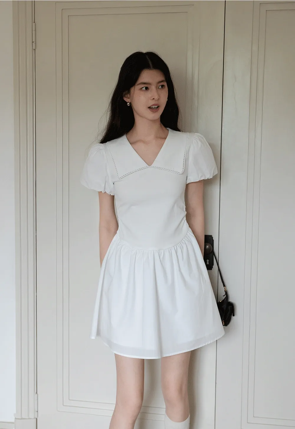 French V-Neck Puff Sleeve White Dress