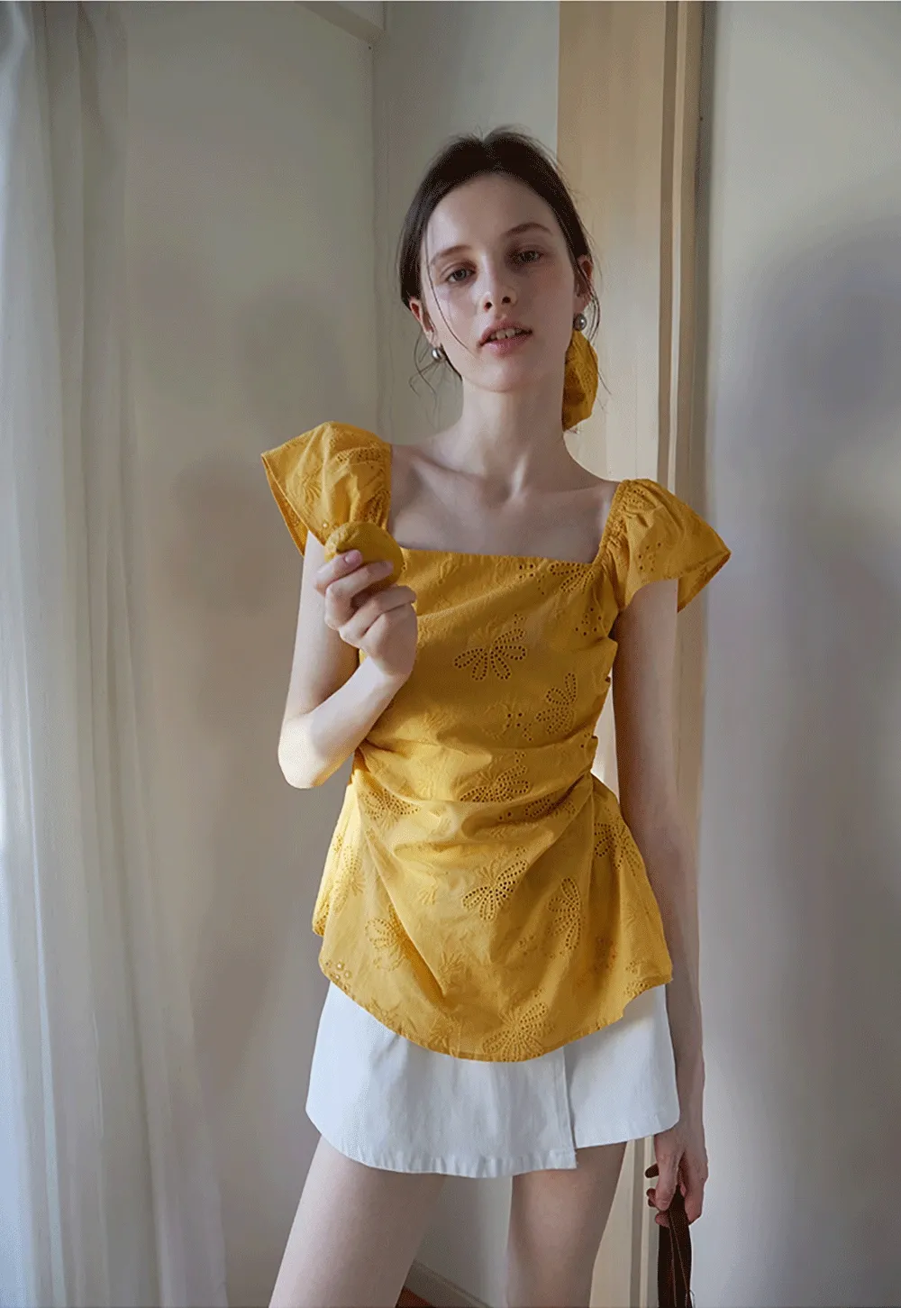 "Women’s Eyelet Embroidered Flutter Sleeve Blouse