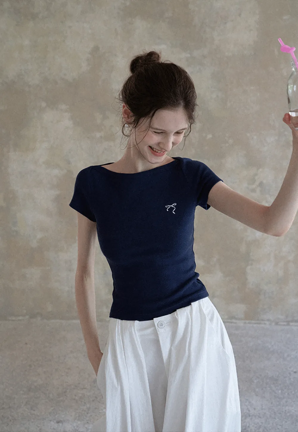 Women's Boat Neck Ribbed Tee with Embroidered Bow