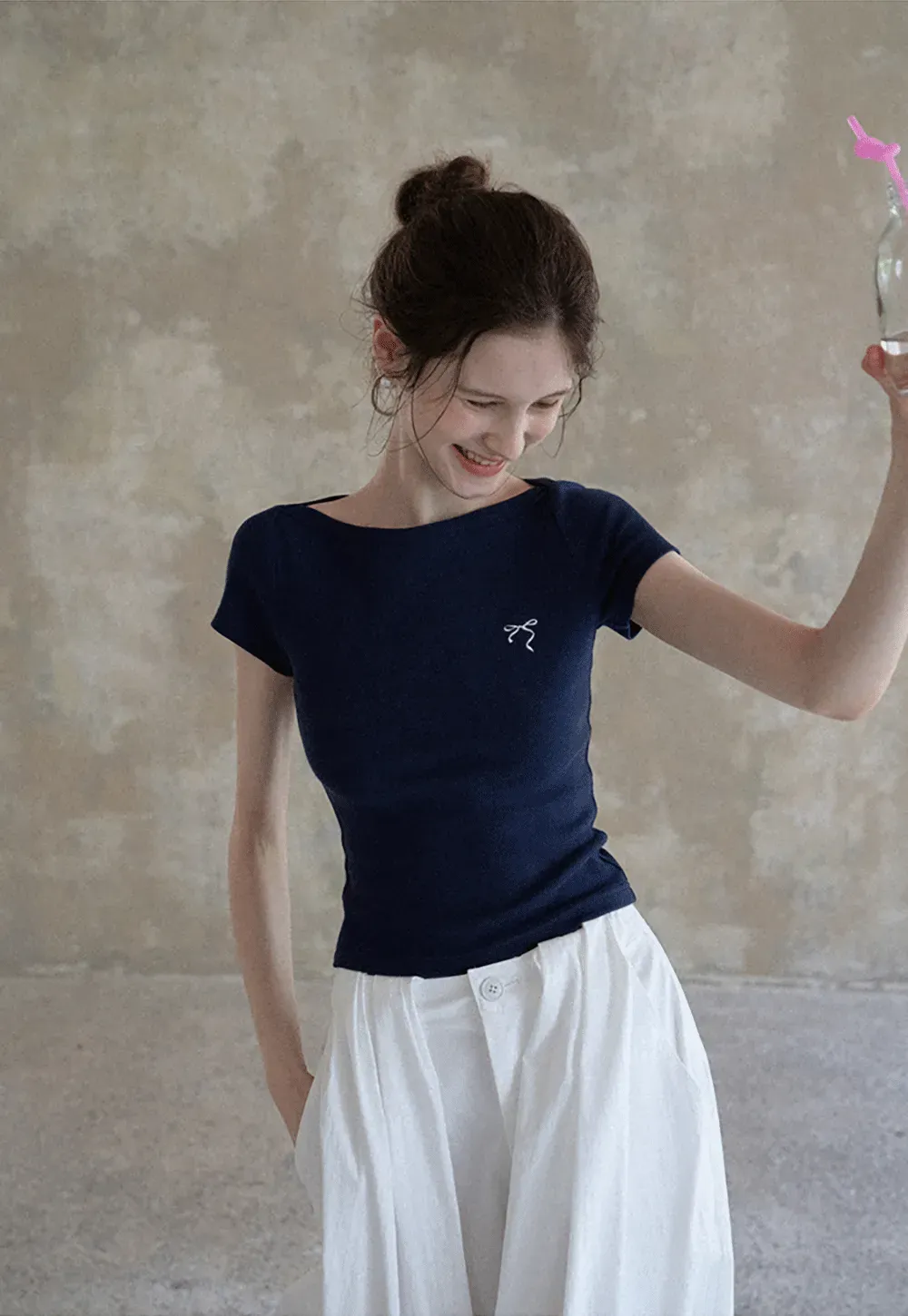 Women's Boat Neck Ribbed Tee with Embroidered Bow