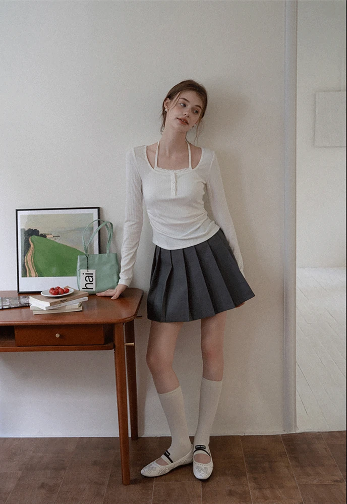 Long Sleeve Square Neck Halter Crop Top