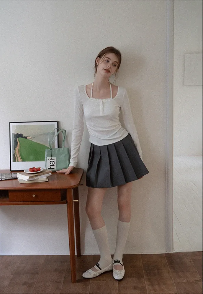 Long Sleeve Square Neck Halter Crop Top