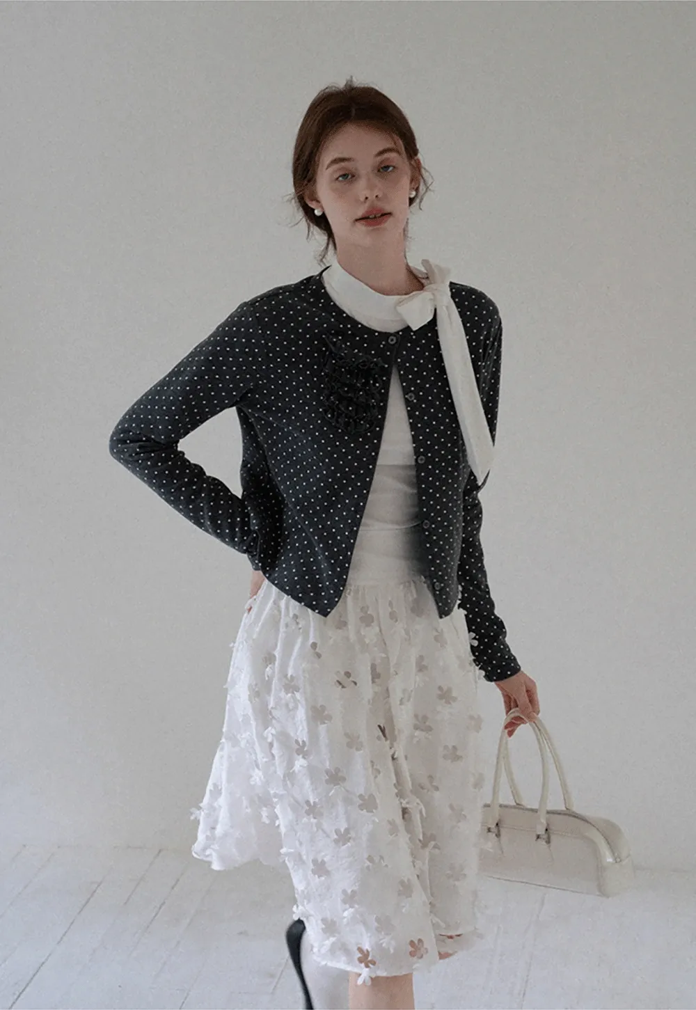 Polka Dot Ruffle Button-Up Cardigan