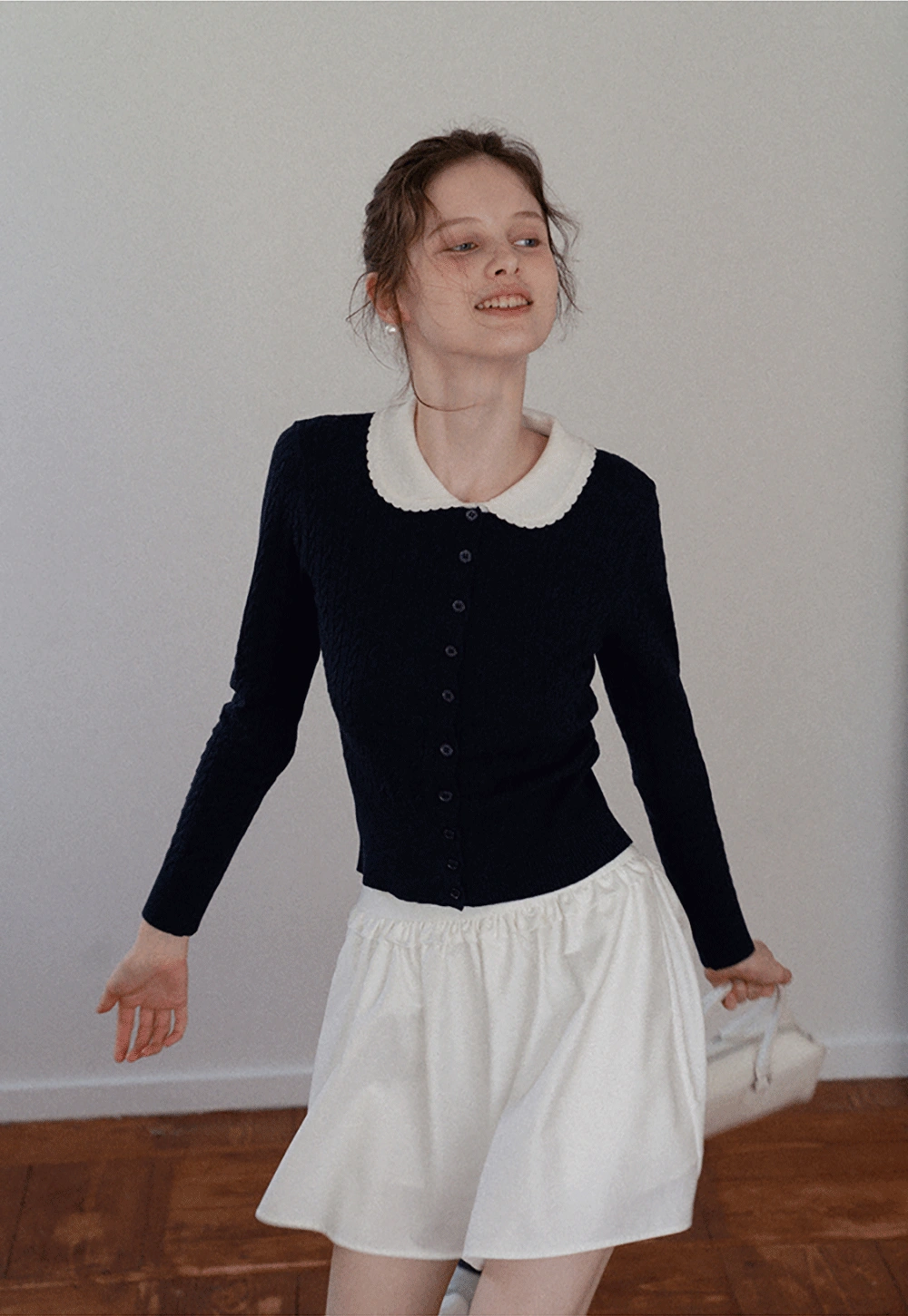 Women's Contrast-Collar Cable-Knit Cardigan