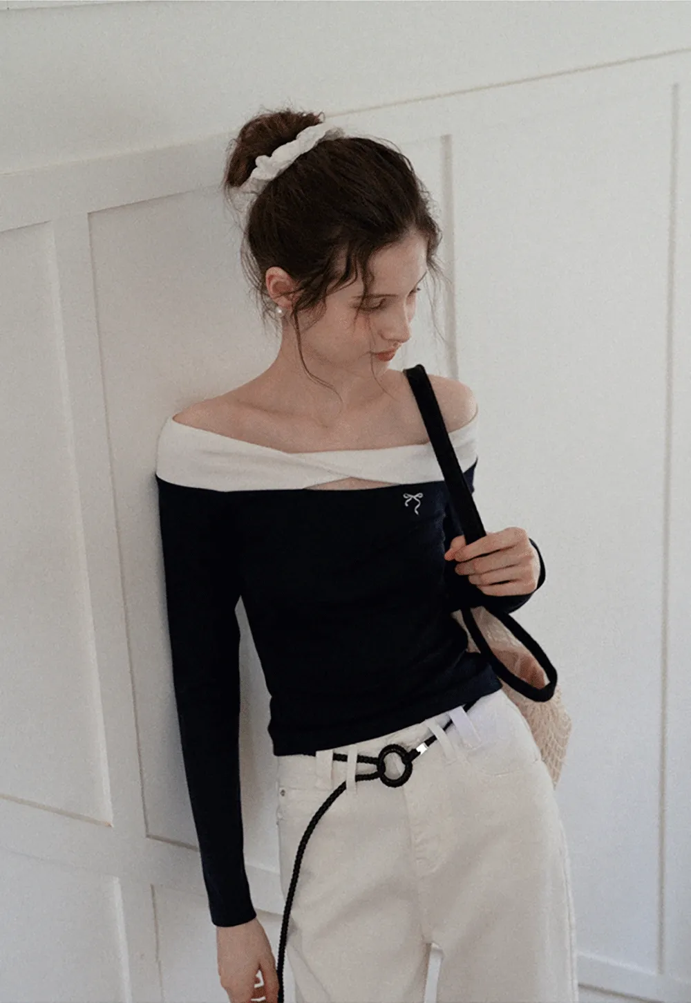 Women's Off Shoulder Contrast Fold-Over Knit Top