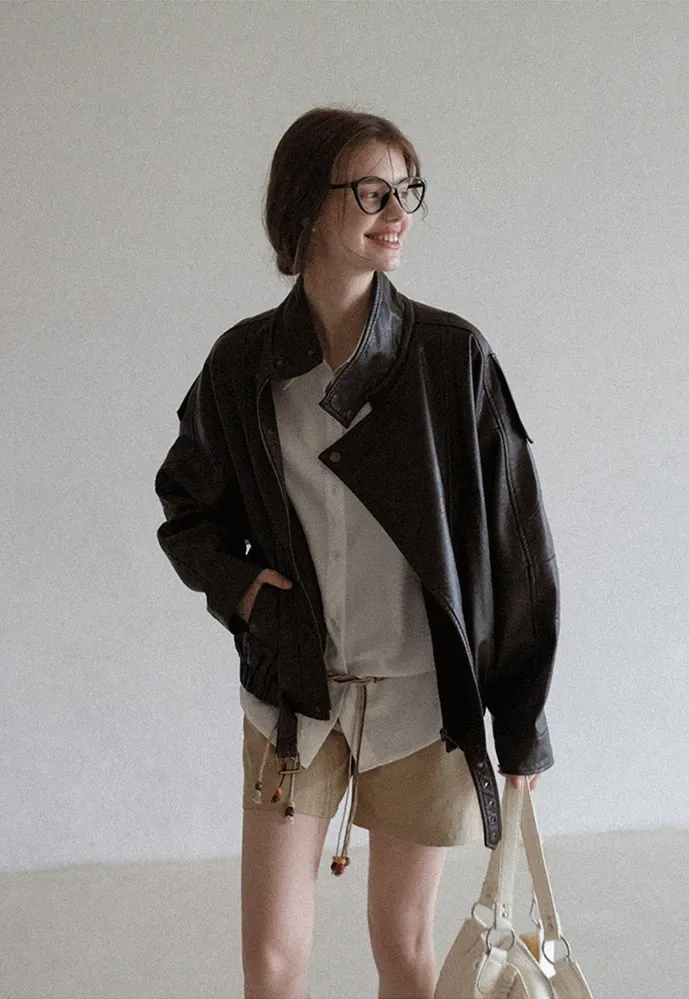 Funnel-Neck Leather Jacket
