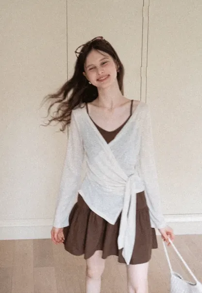 Wrap Tie Top & Tiered Cami Dress Set