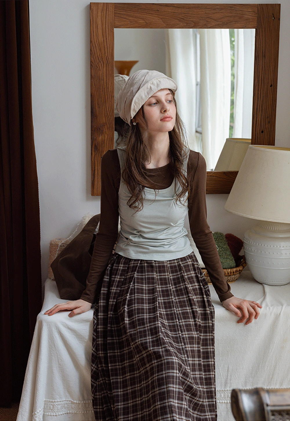 Women's Cami-Overlay Ruched Long Sleeve Top