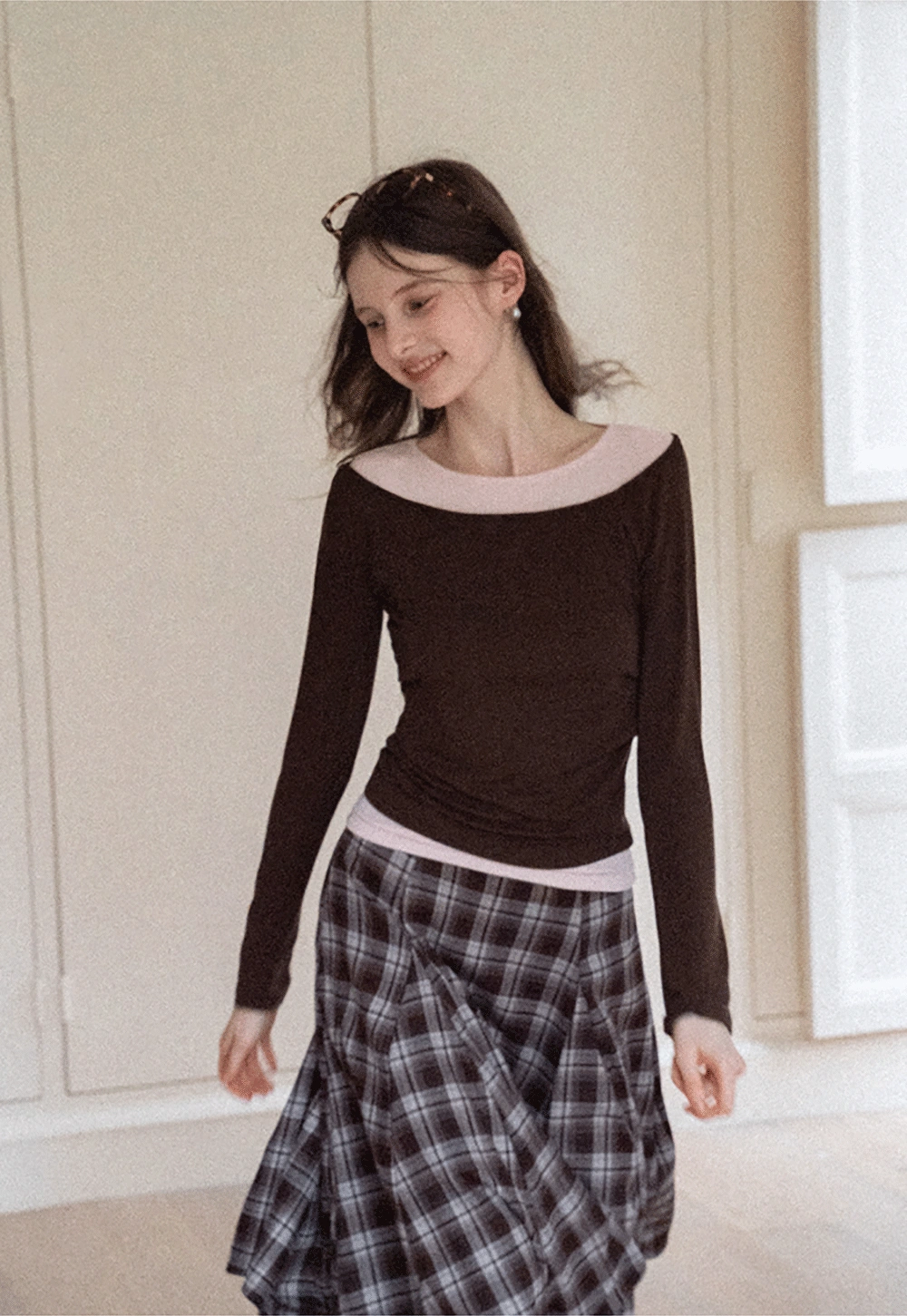 Women's Layered Boat Neck Long Sleeve Top