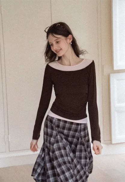 Women's Layered Boat Neck Long Sleeve Top