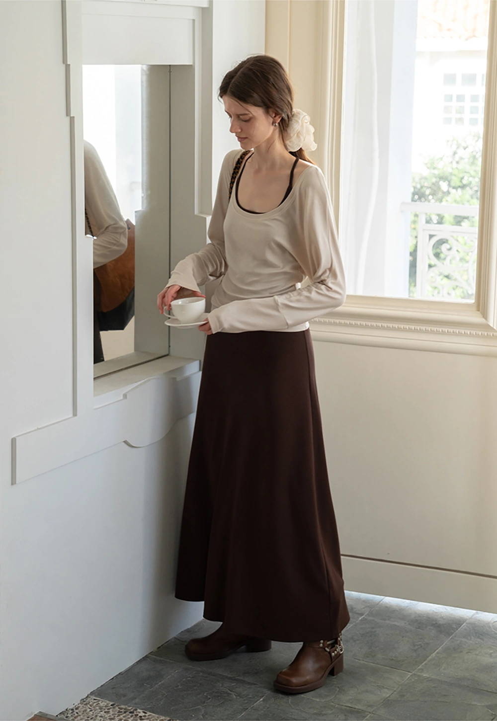 Casual Long Sleeve Top with Flowy Maxi Skirt